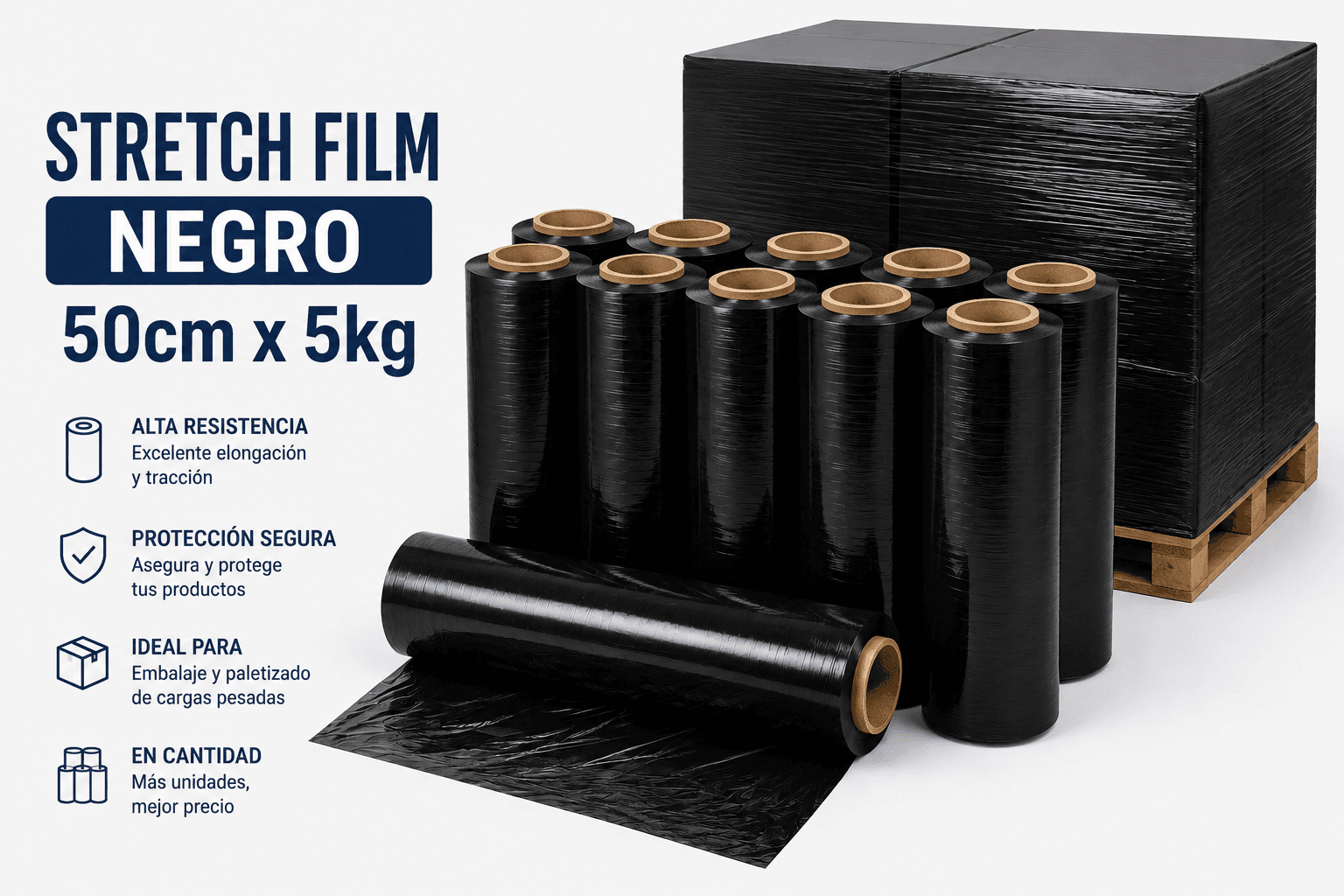 Stretch Film Virgen Negro 50cm - 5kg